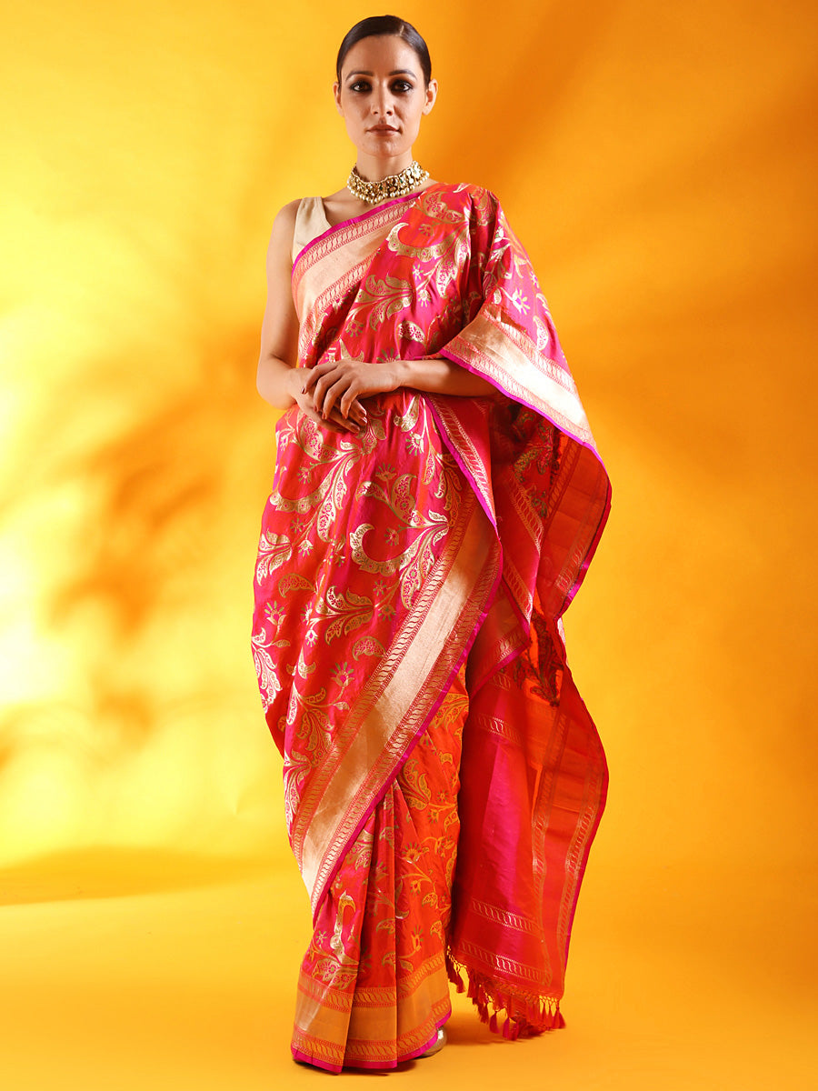 Handwoven Fuchsia Pink Meenakari Jaal Kataan Silk saree