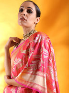 Handwoven Fuchsia Pink Meenakari Jaal Kataan Silk saree