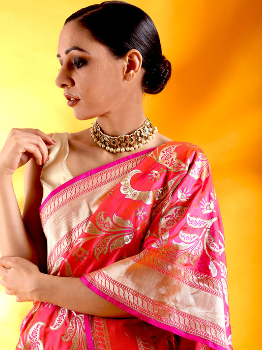 Handwoven Fuchsia Pink Meenakari Jaal Kataan Silk saree