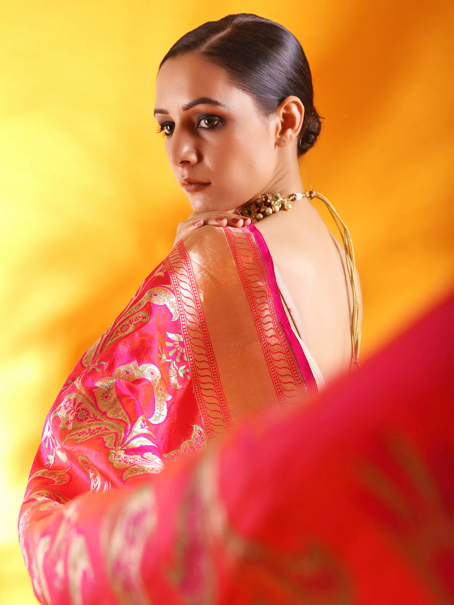 Handwoven Fuchsia Pink Meenakari Jaal Kataan Silk saree