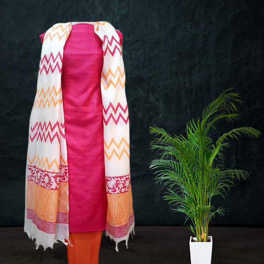 Hand Block Printed Tussar Silk Churidar Material