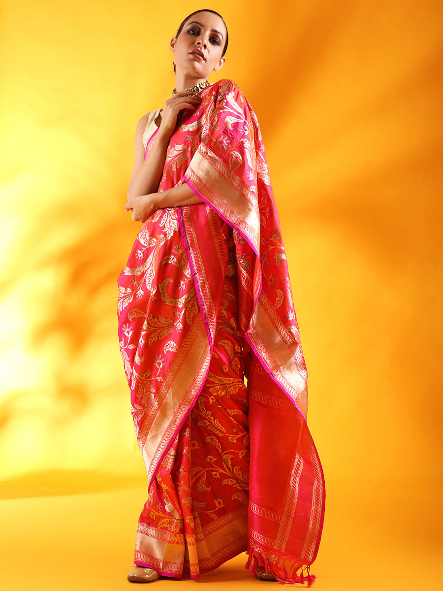 Handwoven Fuchsia Pink Meenakari Jaal Kataan Silk saree