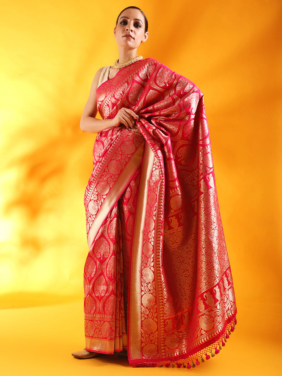 Handwoven Kadhua Jangla Banarasi Silk Saree in Coral Pink 