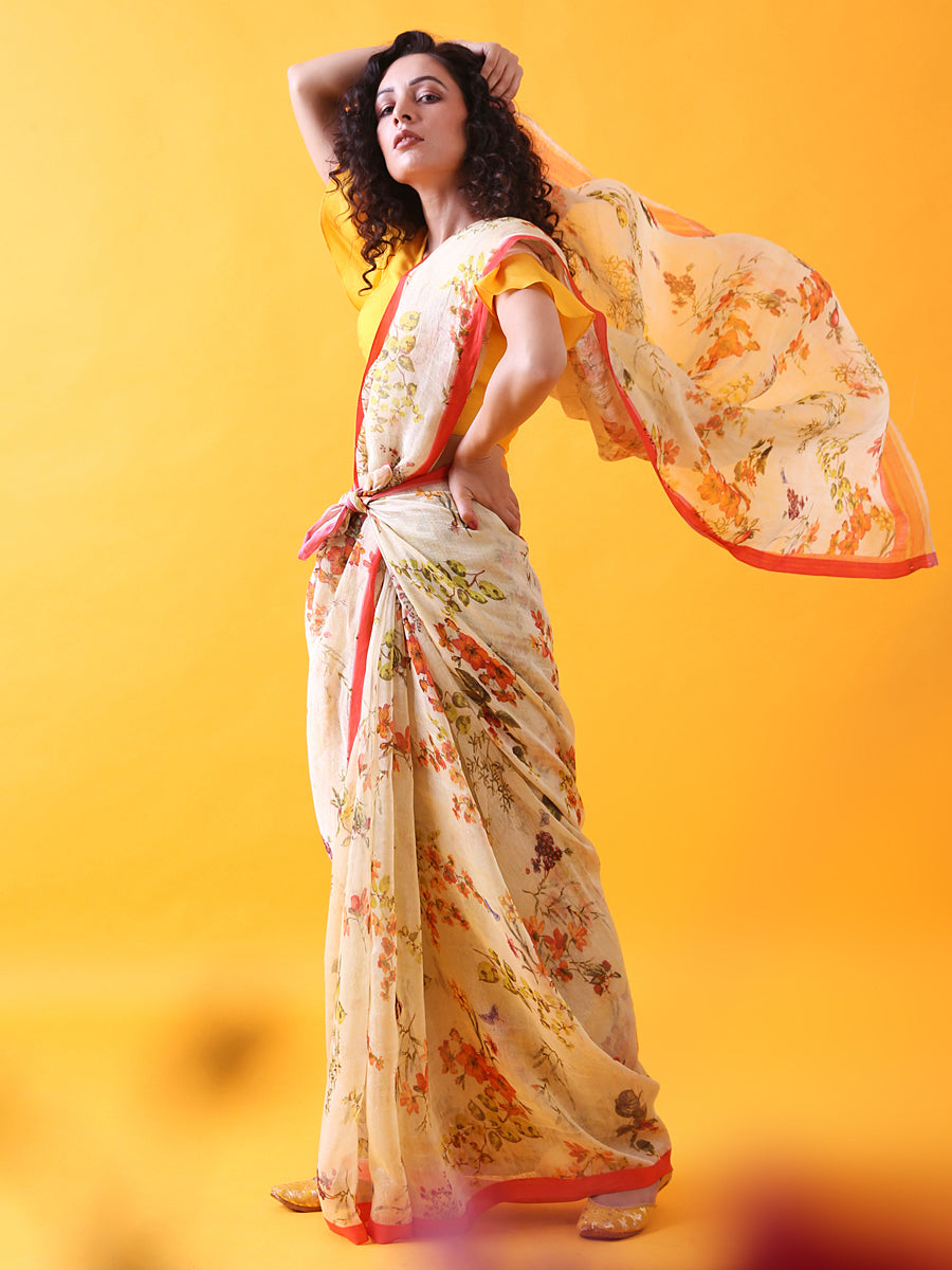 Silk Linen Saree with Floral Prints