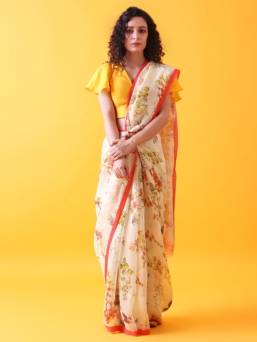 Silk Linen Saree with Floral Prints