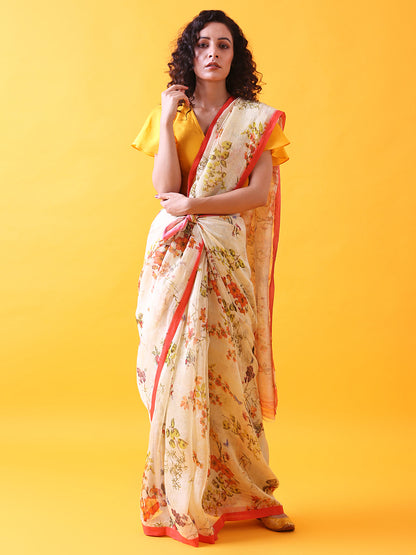 Silk Linen Saree with Floral Prints