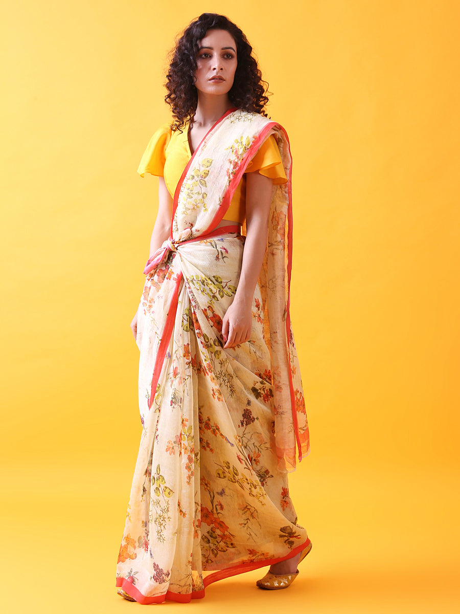 Silk Linen Saree with Floral Prints