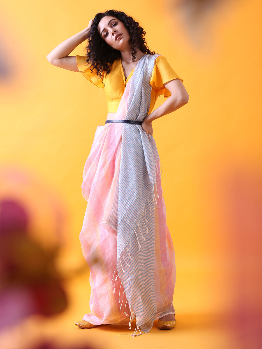 Pink Linen Saree with Silver Zari Border