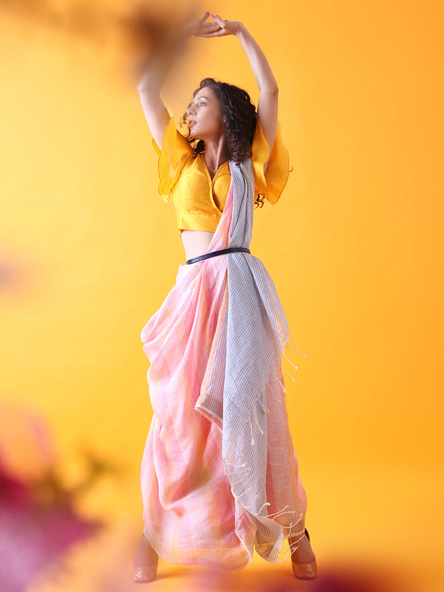 Pink Linen Saree with Silver Zari Border