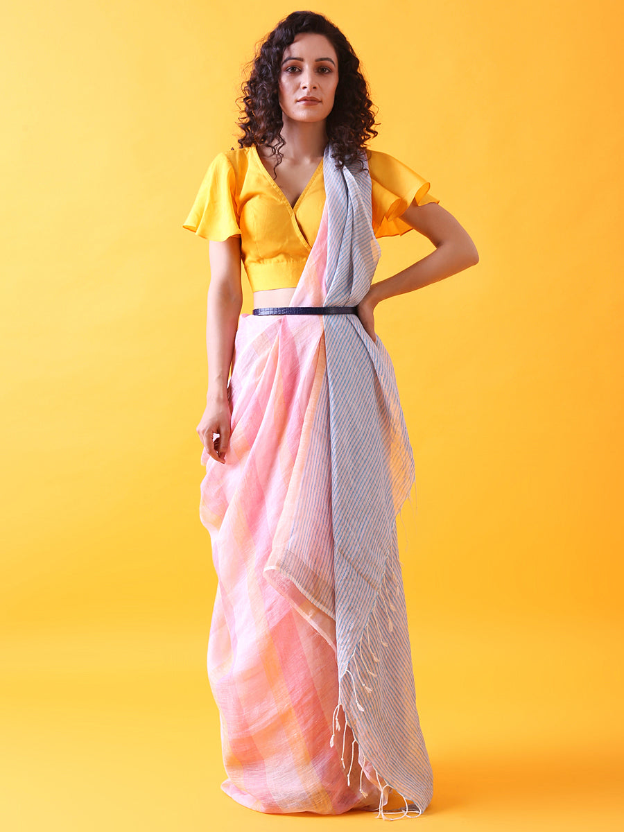 Pink Linen Saree with Silver Zari Border