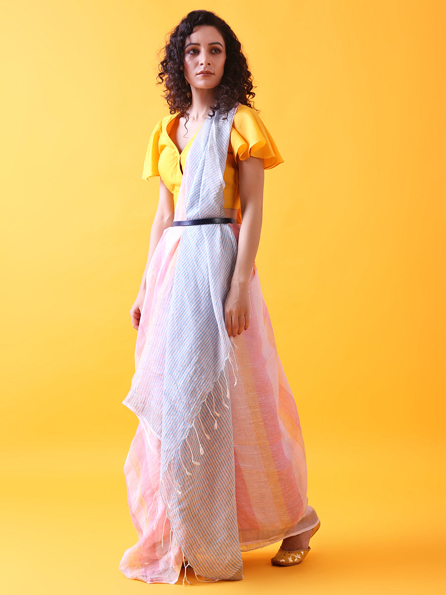 Pink Linen Saree with Silver Zari Border