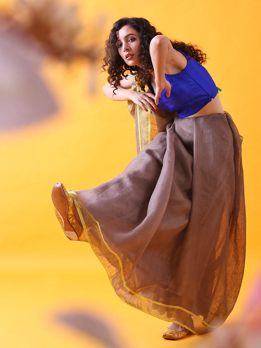Brown Linen Saree with Zari and Contrast Border