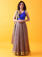 Brown Linen Saree with Zari and Contrast Border