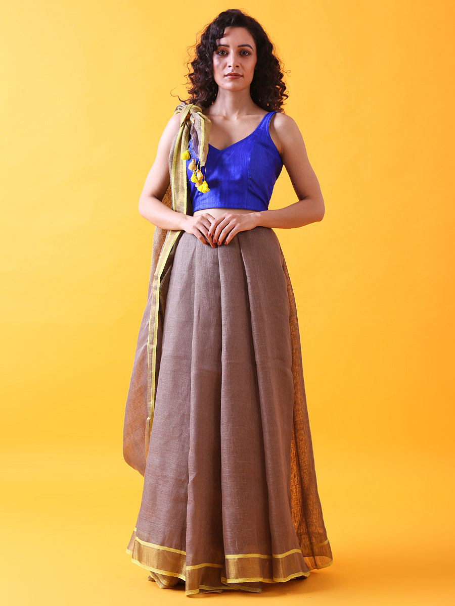 Brown Linen Saree with Zari and Contrast Border