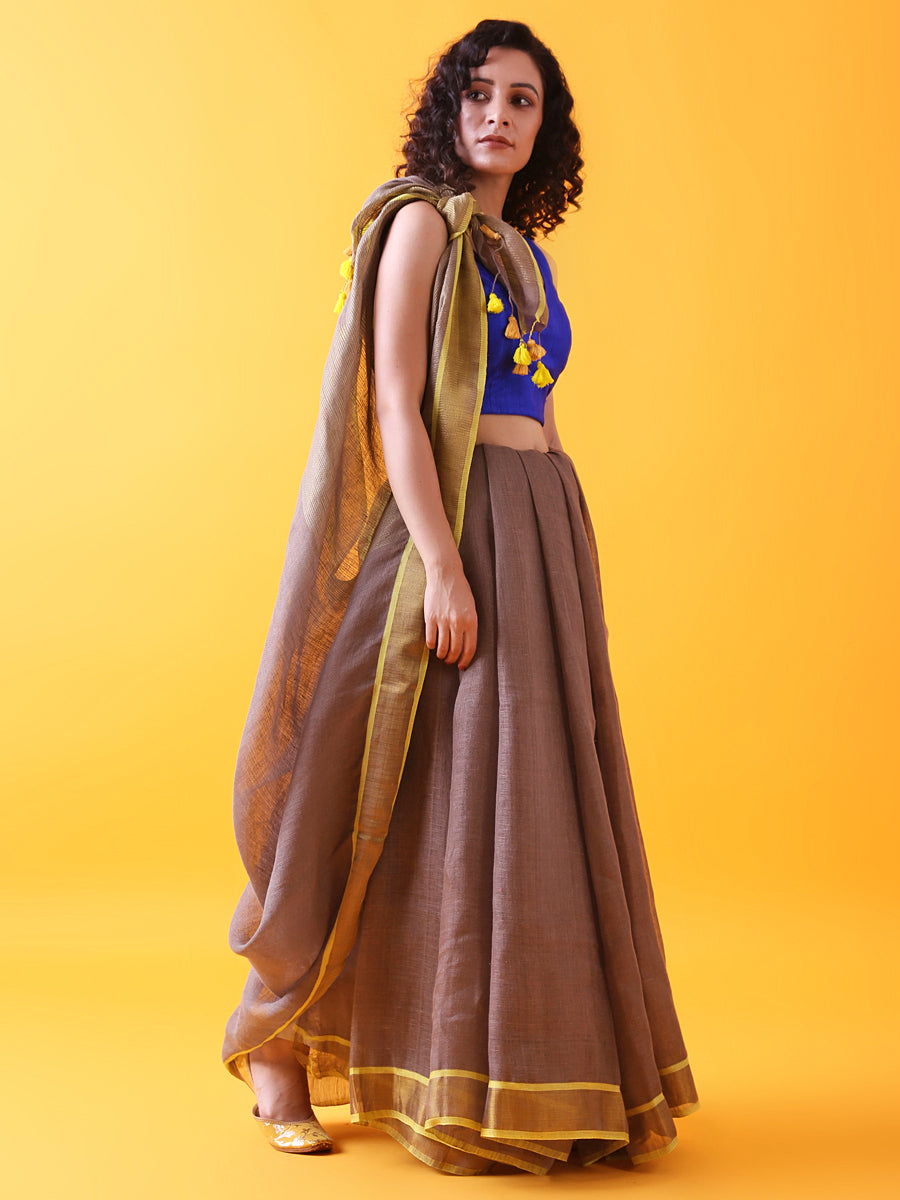 Brown Linen Saree with Zari and Contrast Border