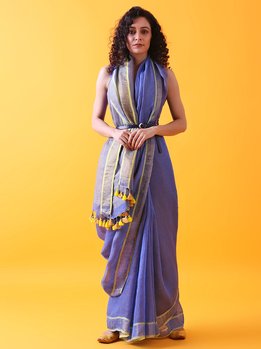 Teal Blue Linen Saree with Zari Border 4