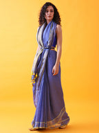 Teal Blue Linen Saree with Zari Border