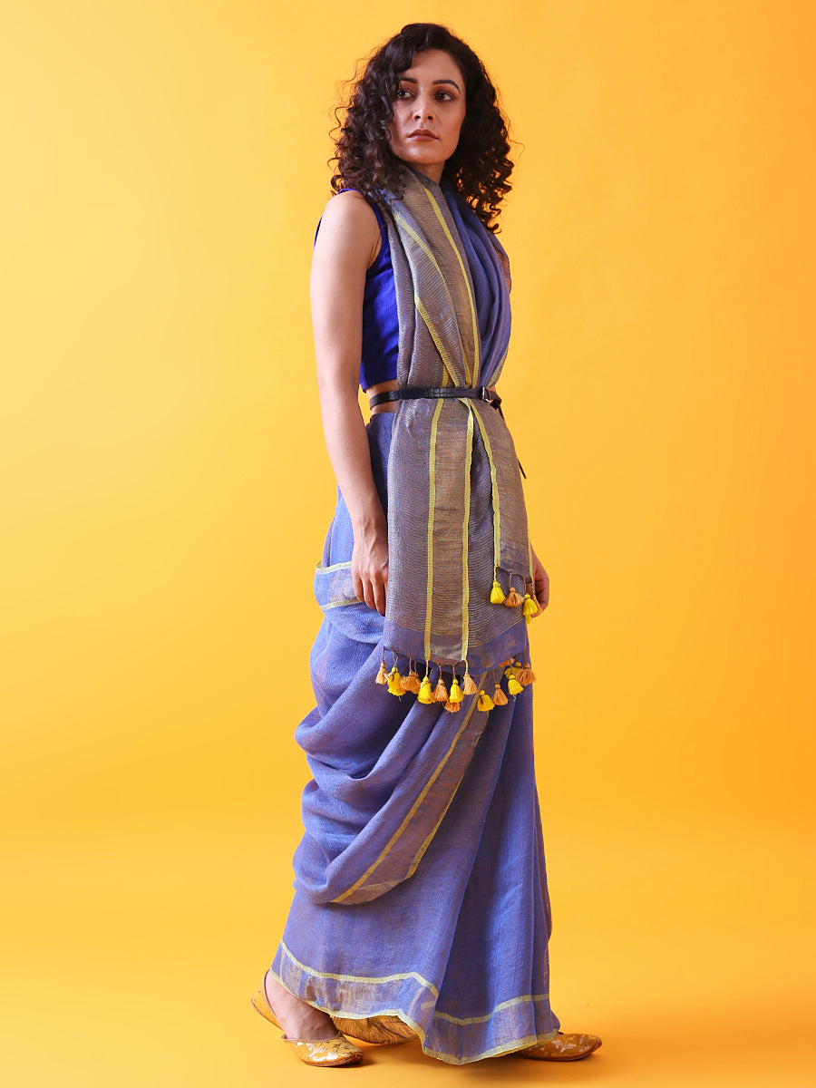 Teal Blue Linen Saree with Zari Border