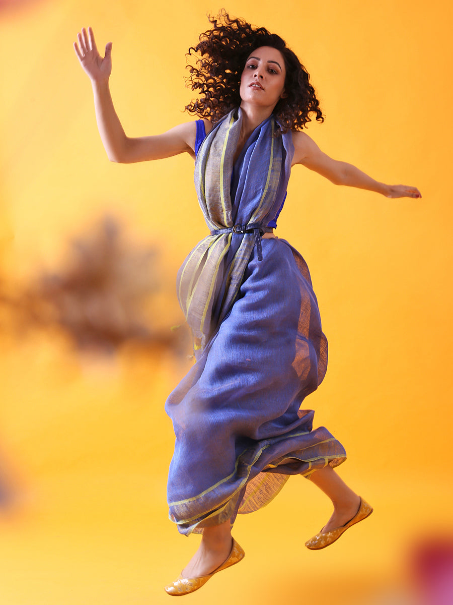 Teal Blue Linen Saree with Zari Border 3