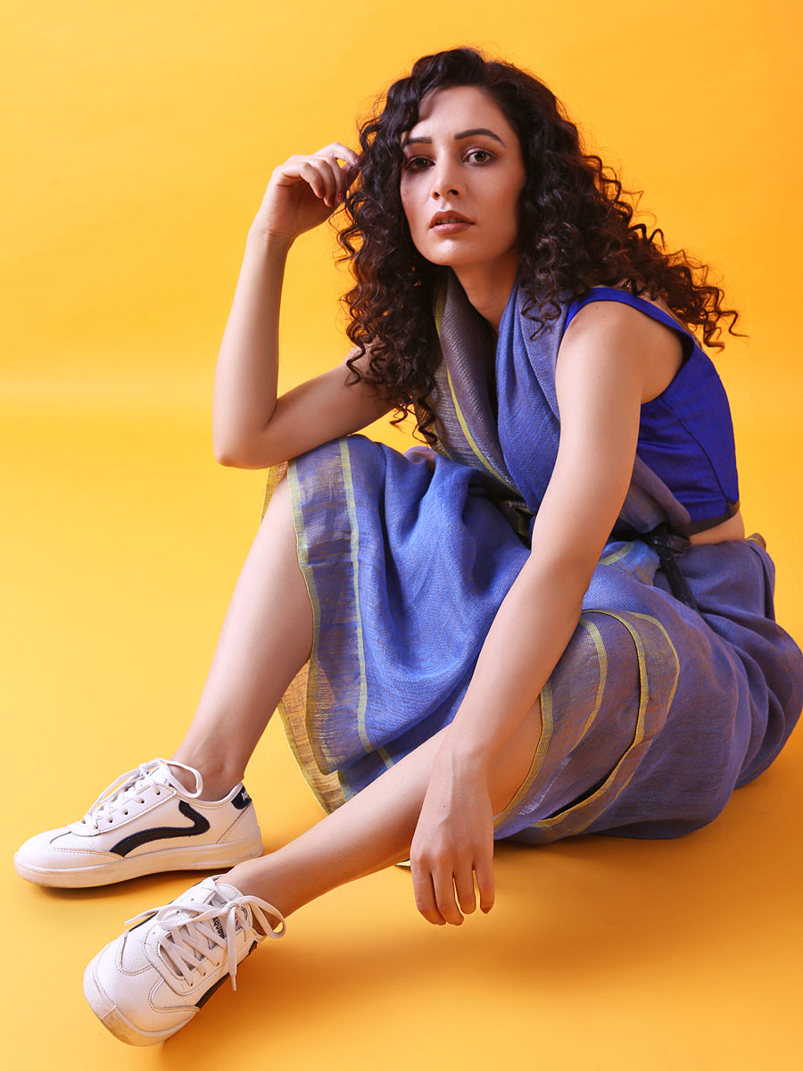 Teal Blue Linen Saree with Zari Border 2