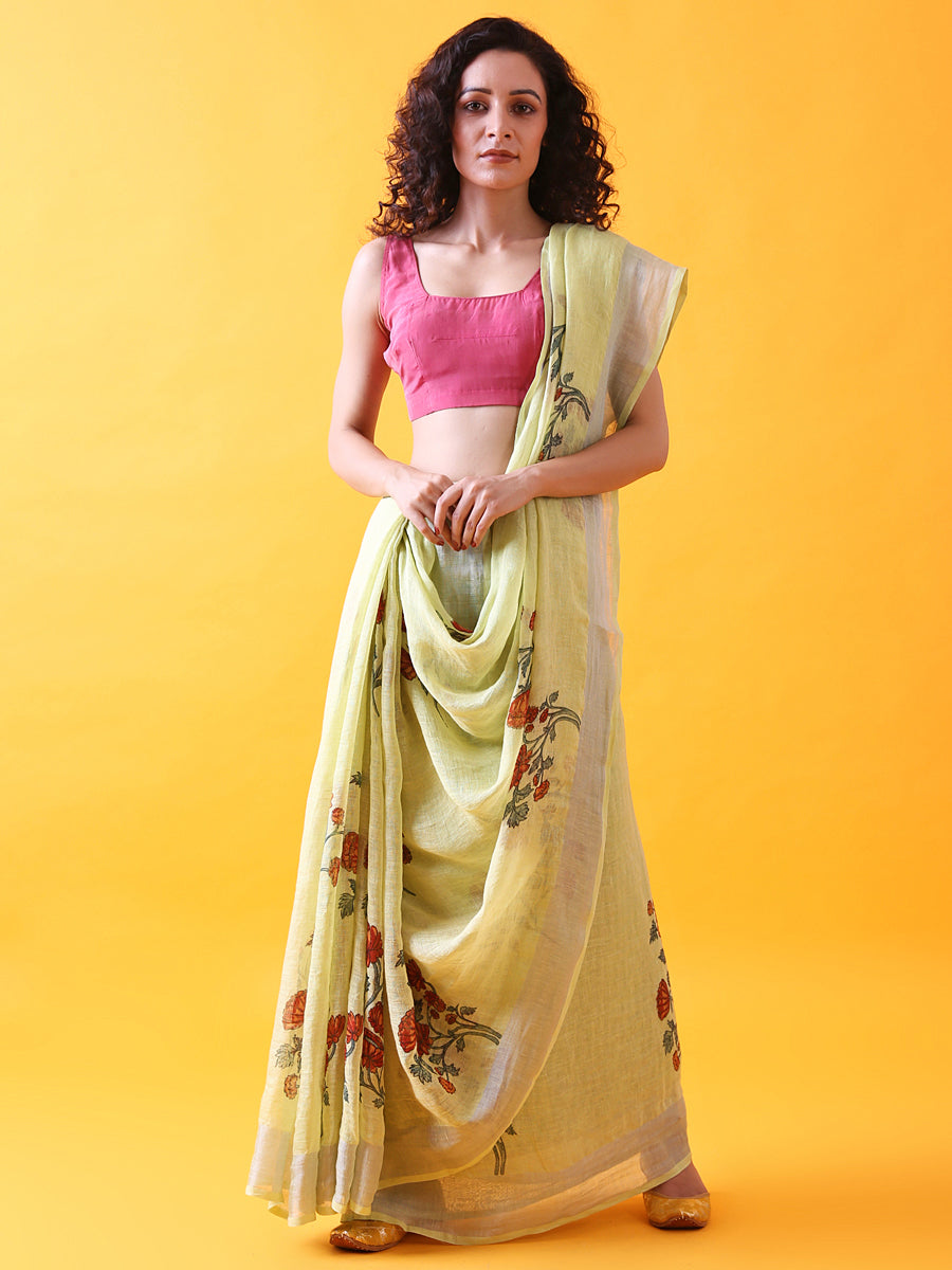 Pastel Green Handwoven Printed Linen Saree