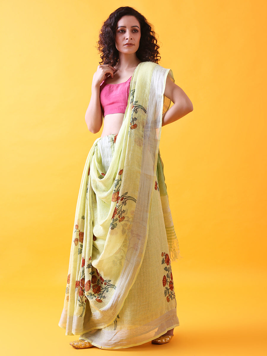 Pastel Green Handwoven Printed Linen Saree