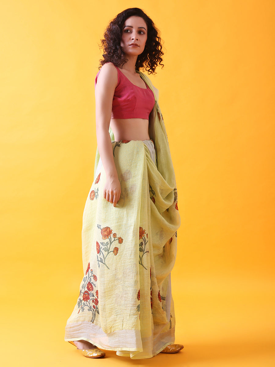 Pastel Green Handwoven Printed Linen Saree