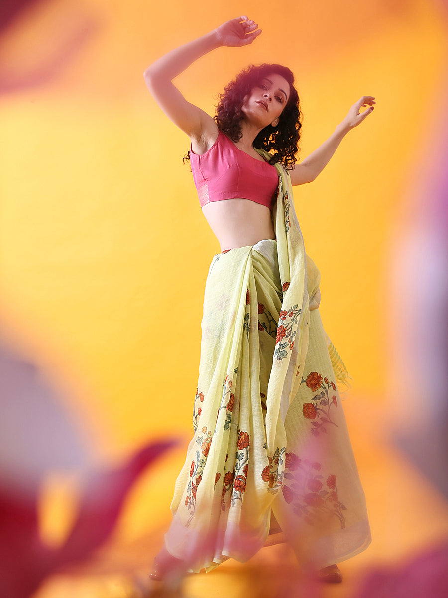 Pastel Green Handwoven Printed Linen Saree