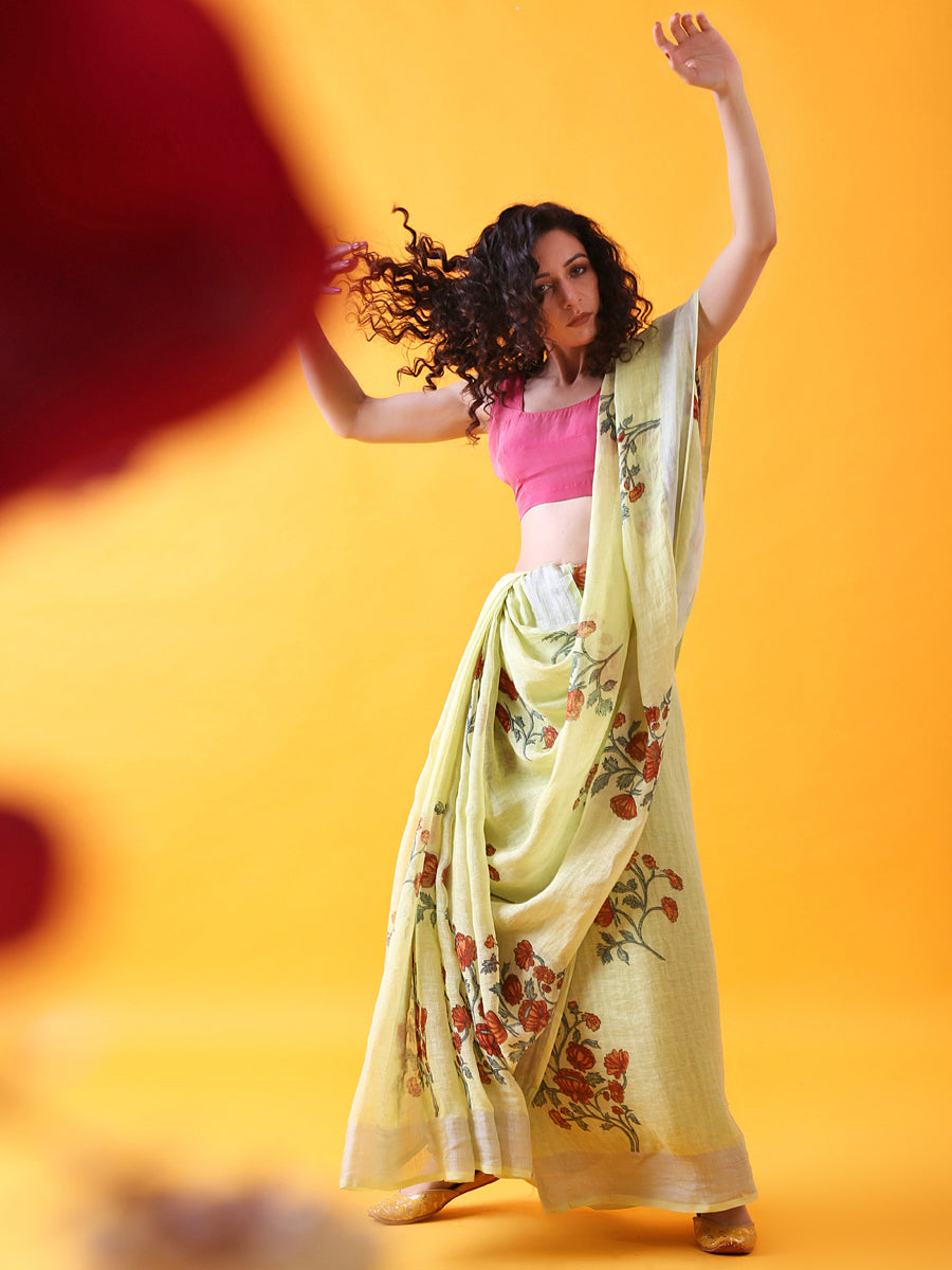 Pastel Green Handwoven Printed Linen Saree