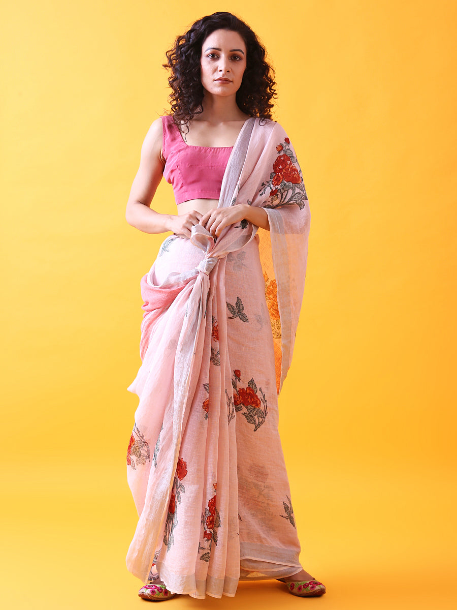 Handwoven Pink Linen Saree with Prints and Zari