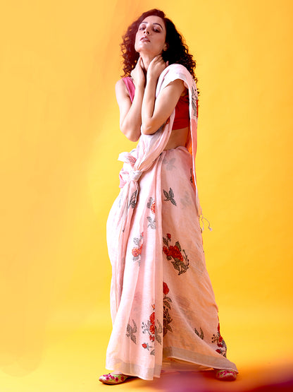 Handwoven Pink Linen Saree with Prints and Zari
