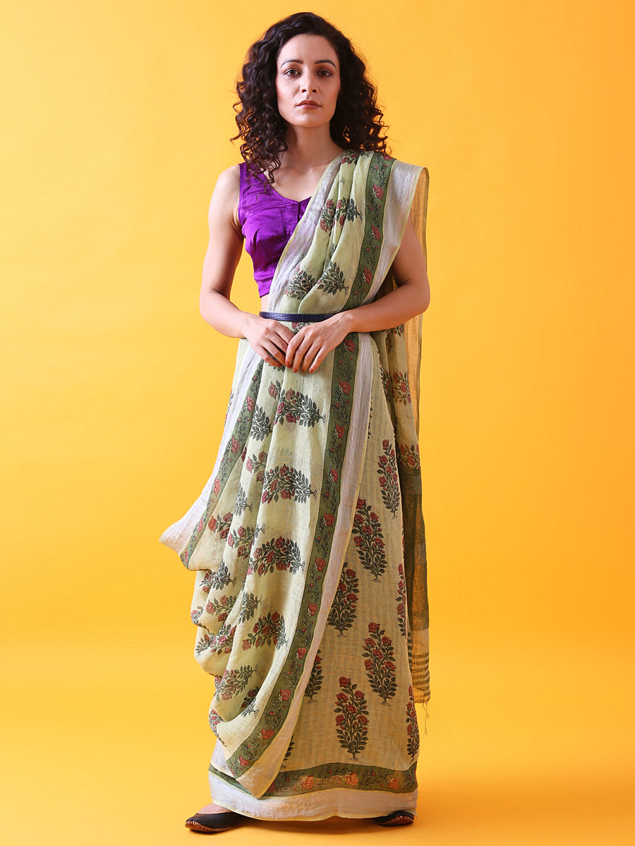 Green Linen Saree with Mughal Buttis and Silver Zari Border