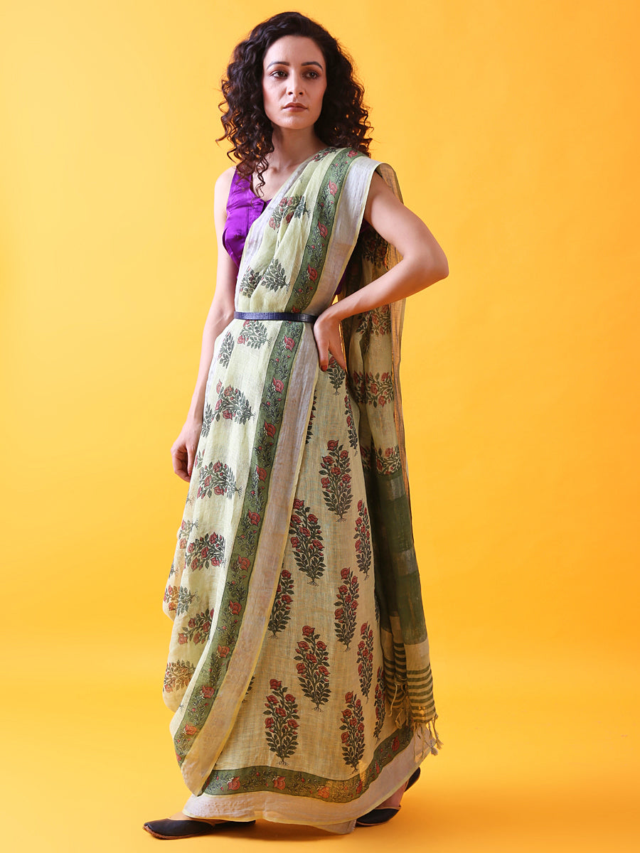 Green Linen Saree with Mughal Buttis and Silver Zari Border
