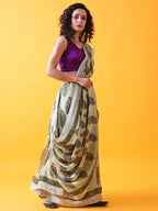 Green Linen Saree with Mughal Buttis and Silver Zari Border