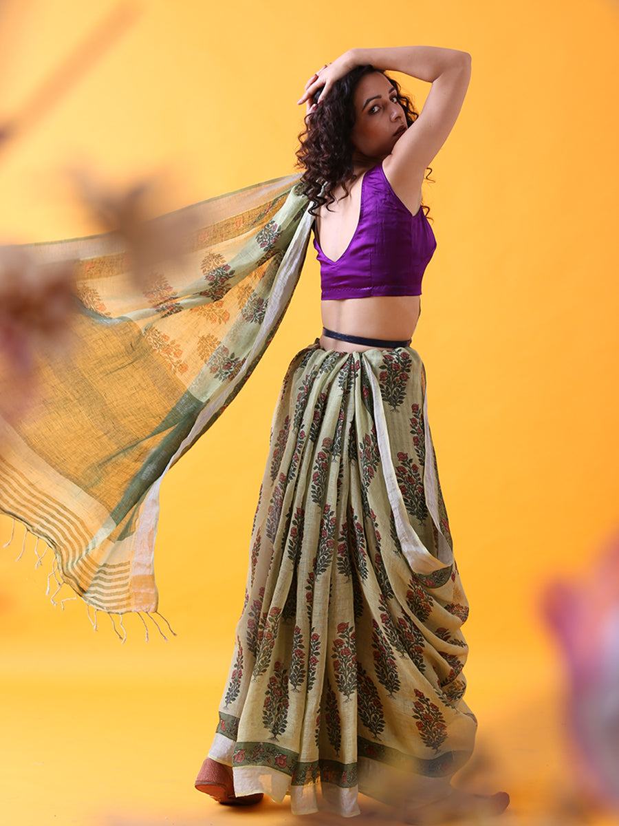 Green Linen Saree with Mughal Buttis and Silver Zari Border