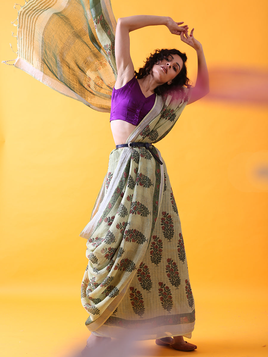 Green Linen Saree with Mughal Buttis and Silver Zari Border