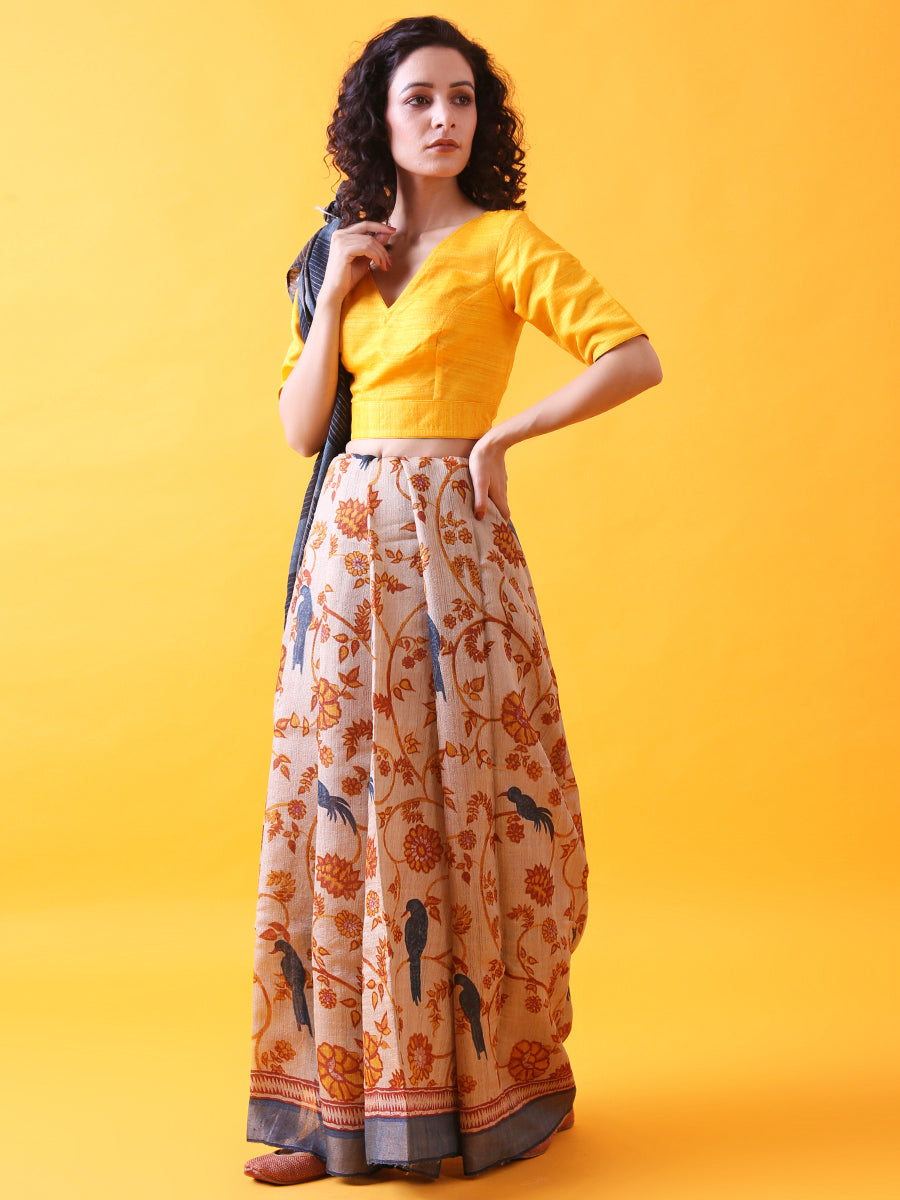 Hand Block Printed Tussar Silk Saree with Bird and Floral Theme