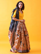 Hand Block Printed Tussar Silk Saree with Bird and Floral Theme