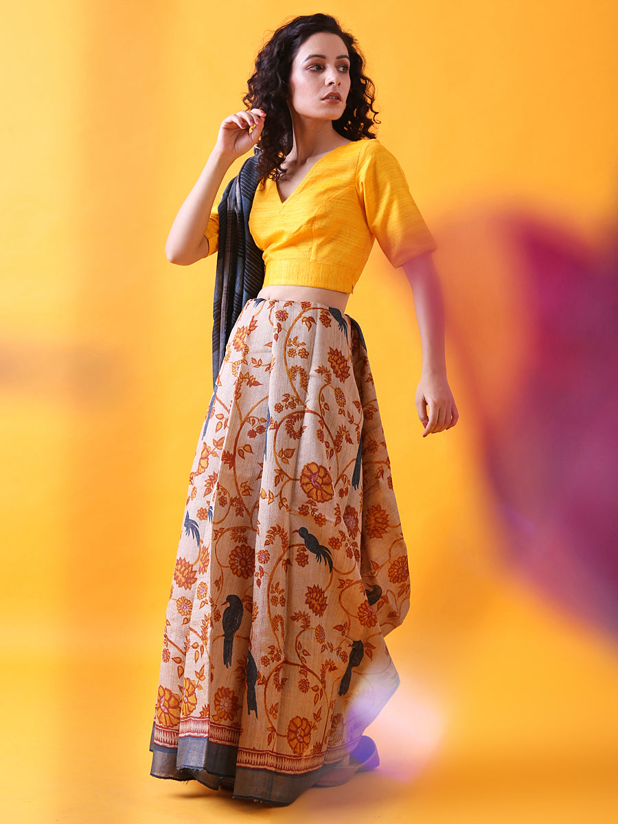 Hand Block Printed Tussar Silk Saree with Bird and Floral Theme