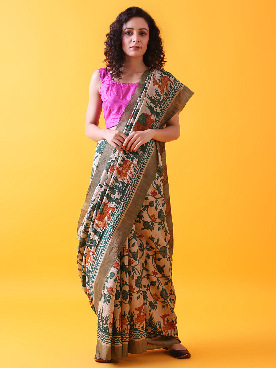 Hand Block Printed Tussar Silk Saree with Bird and Floral Theme BBPRTS07