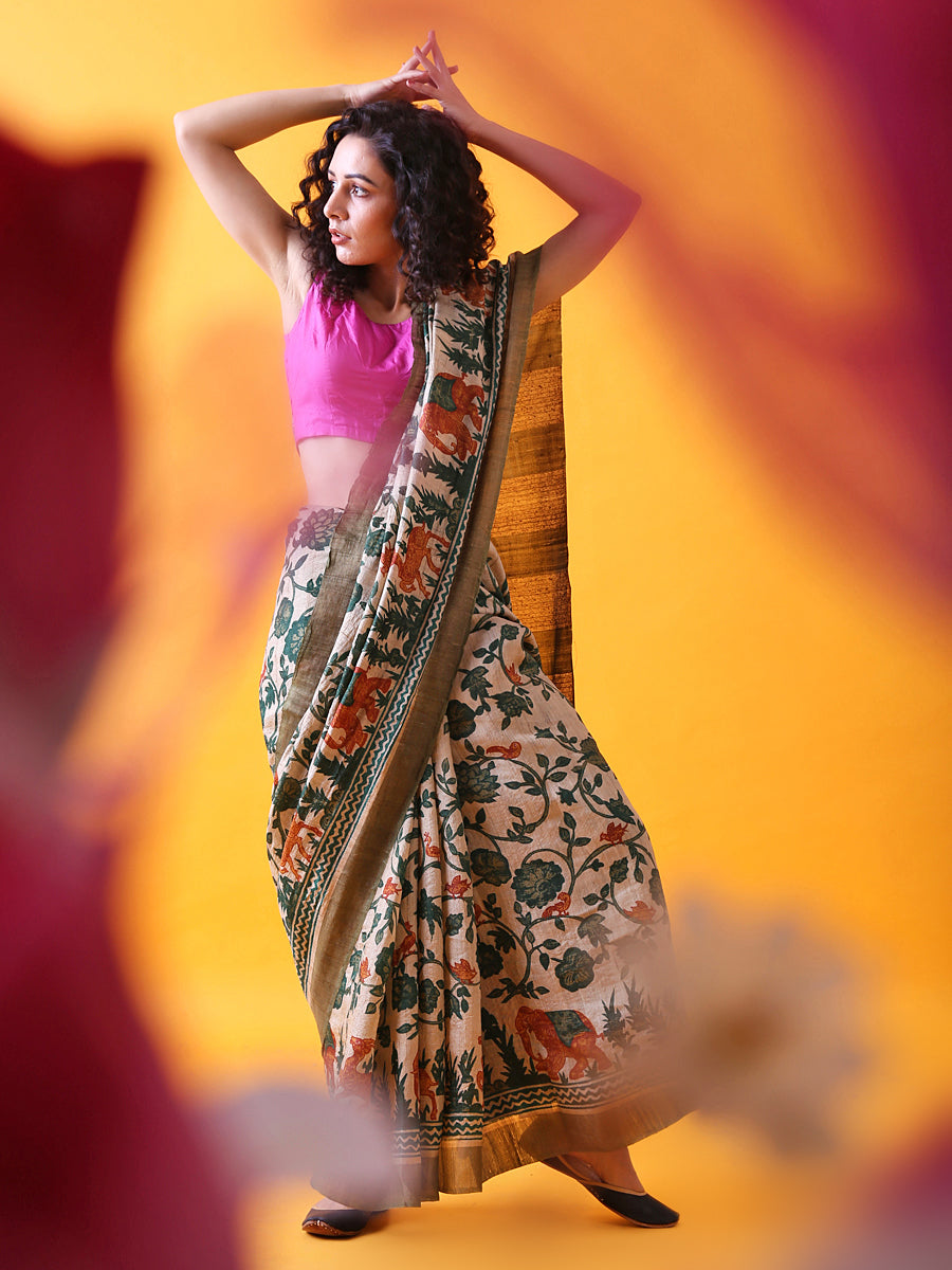 Hand Block Printed Tussar Silk Saree with Bird and Floral Theme BBPRTS07