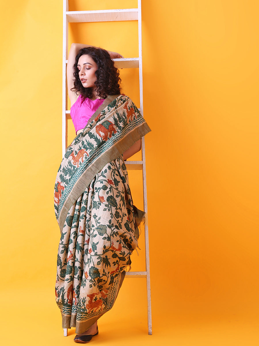 Hand Block Printed Tussar Silk Saree with Bird and Floral Theme BBPRTS07