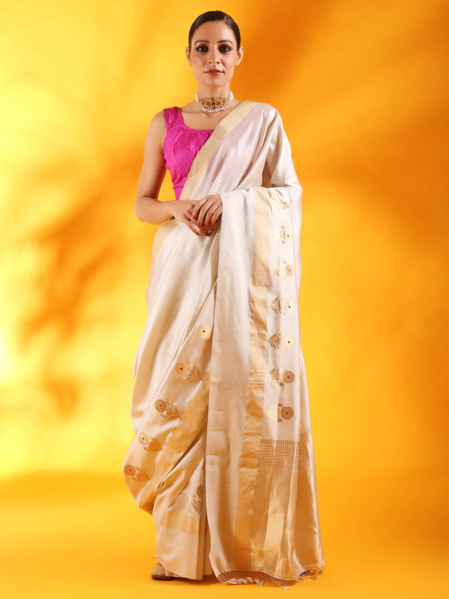 Off - White Banarasi Silk Saree with Floral Motifs
