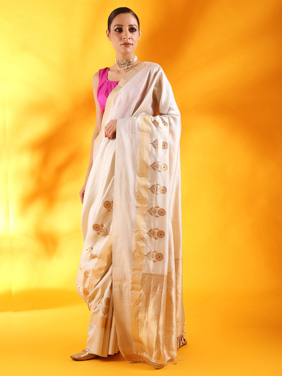 Off - White Banarasi Silk Saree with Floral Motifs