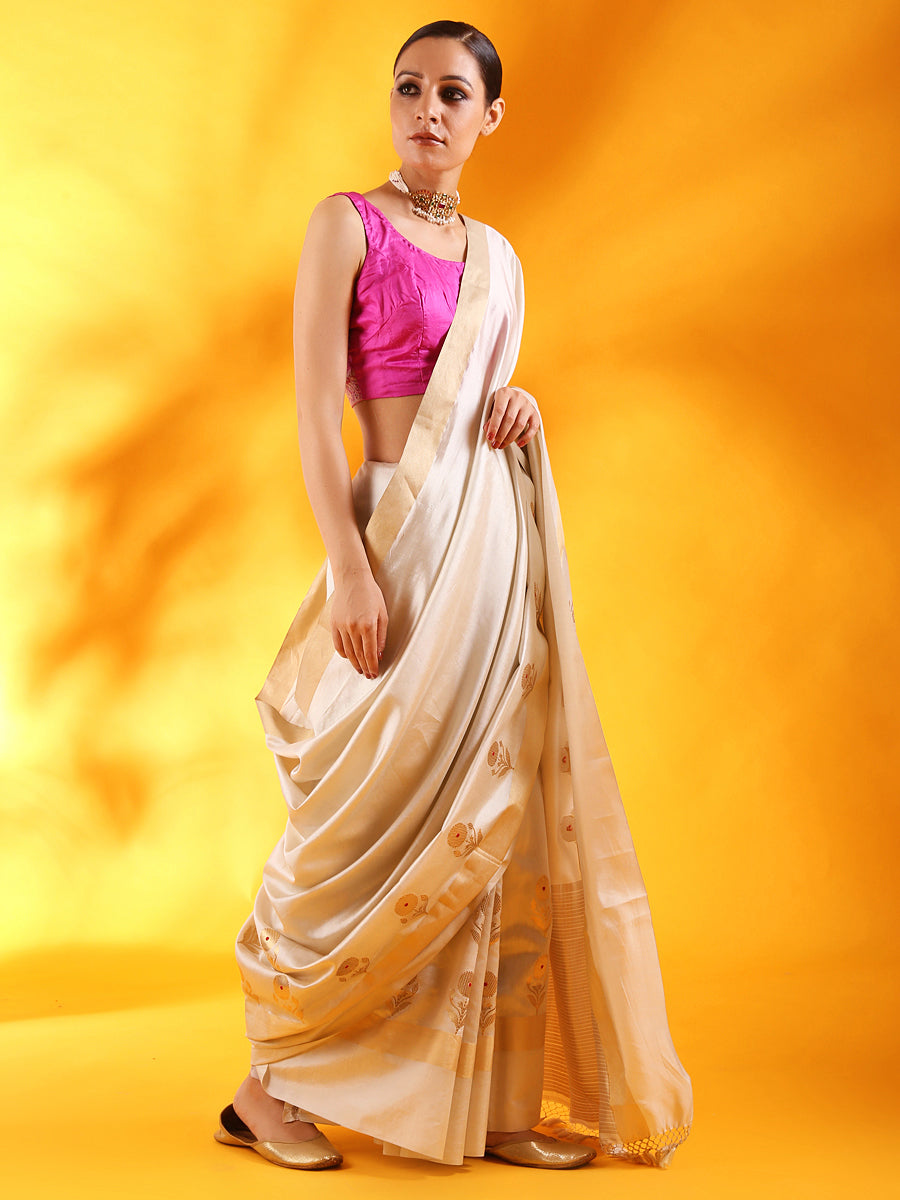 Off - White Banarasi Silk Saree with Floral Motifs
