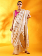 Off - White Banarasi Silk Saree with Floral Motifs