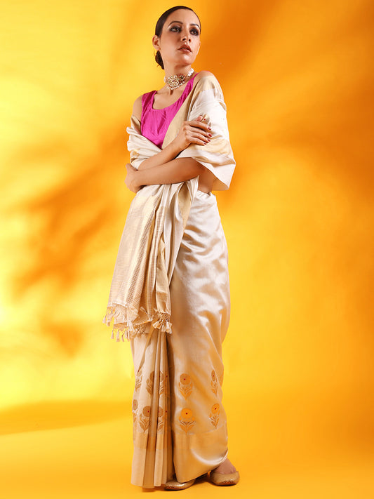Off - White Banarasi Silk Saree with Floral Motifs