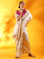Off - White Banarasi Silk Saree with Floral Motifs