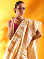 Off - White Banarasi Silk Saree with Floral Motifs