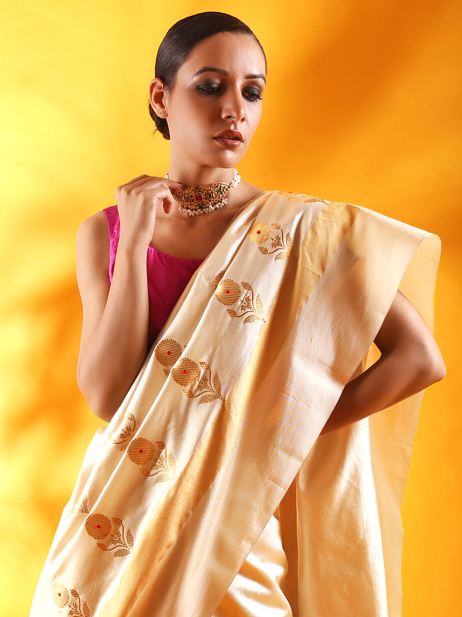 Pastel Pink Banarasi Silk Saree with Floral Motifs